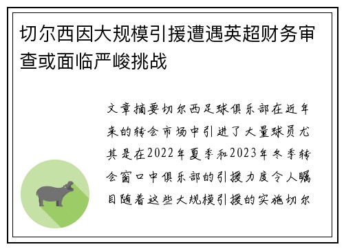 切尔西因大规模引援遭遇英超财务审查或面临严峻挑战